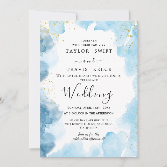Invitación de boda con acuarela azul (Anverso)