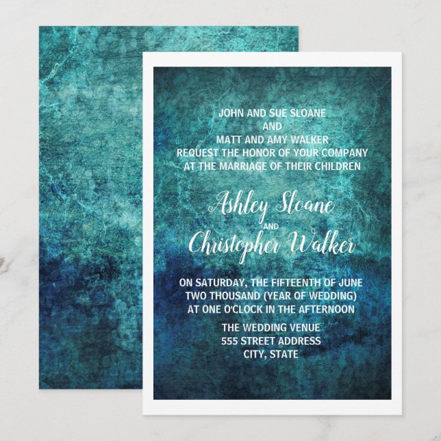 Invitación de boda con acuarela azul marino verde (Anverso / Reverso)