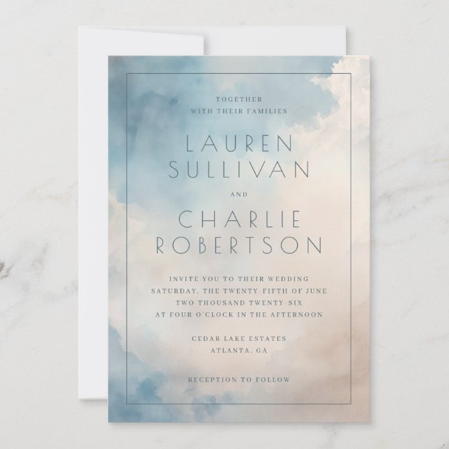 Invitación de boda con acuarela azul serena (Anverso)