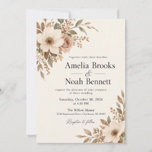 Invitación de boda con acuarela botánica neutral