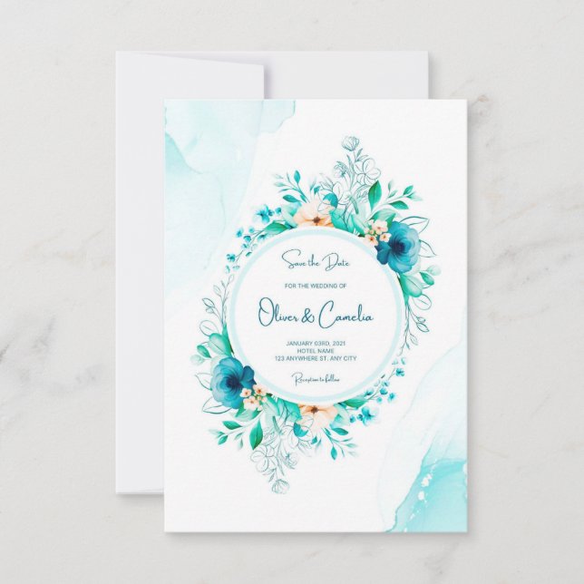 invitación de boda con acuarela con marco floral (Anverso)