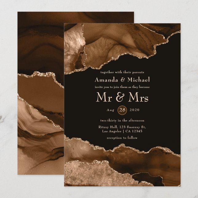 Invitación de boda con acuarela de ágata dorada de (Anverso / Reverso)
