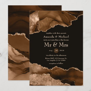 Invitación de boda con acuarela de ágata dorada de