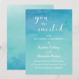 Invitación de boda con acuarela de agua teal y azu