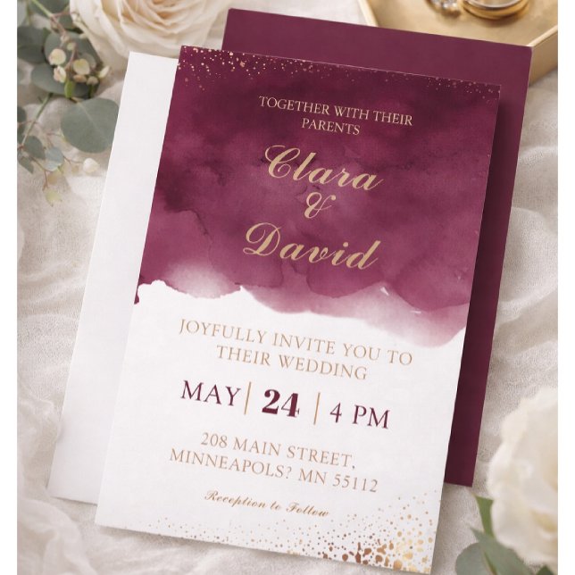 Invitación de boda con acuarela de Borgoña (Subido por el creador)