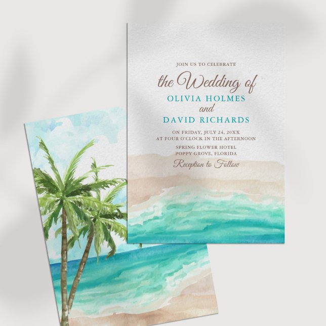 Invitación de Boda con Acuarela de Costa Oceánica  (Watercolor Coastal Ocean Beach Wedding Invitation on a white table.)