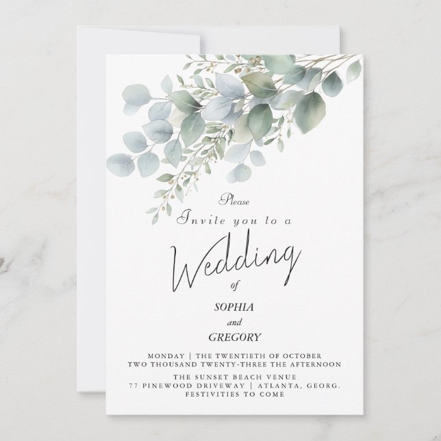 Invitación de boda con acuarela de eucalipto moder (Anverso)