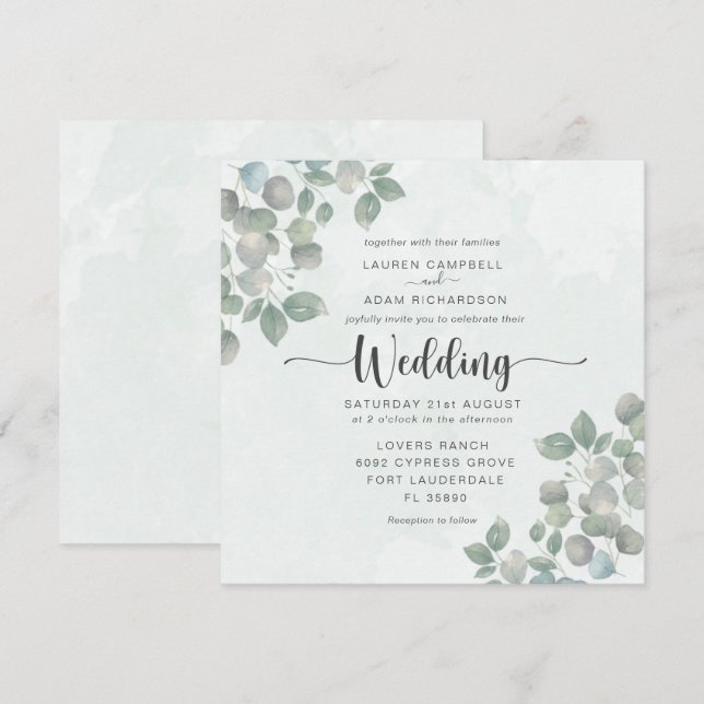 Invitación de boda con acuarela de eucalipto verde (Anverso / Reverso)
