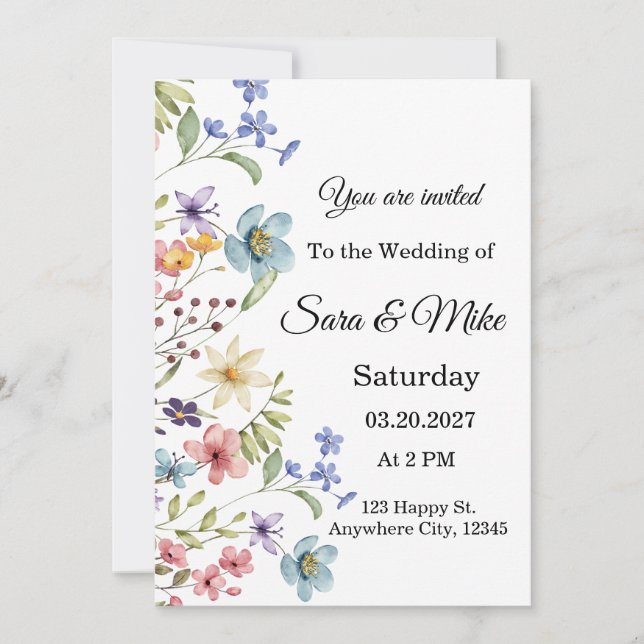 Invitación de boda con acuarela de flor silvestre (Anverso)