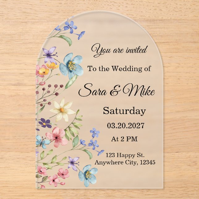 Invitación de Boda con Acuarela de Flores Silvestr (Anverso)