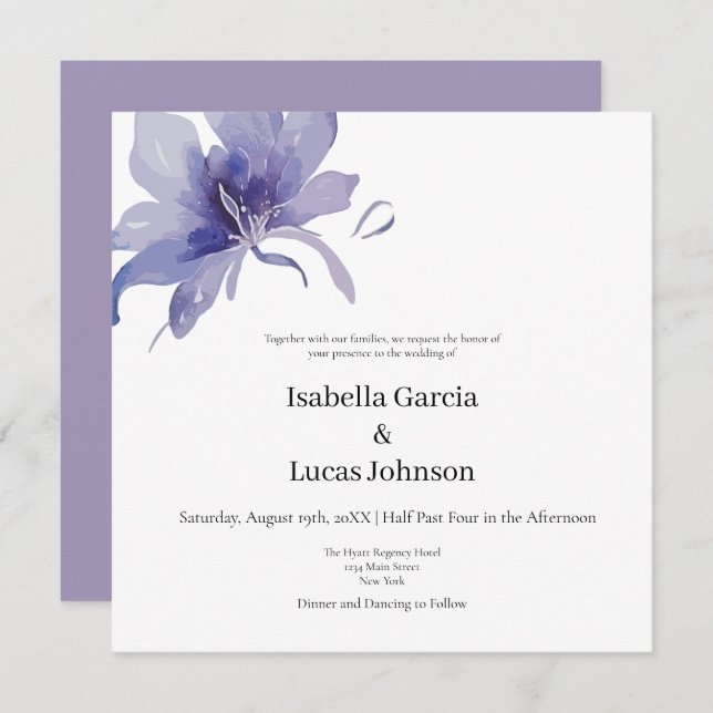Invitación de Boda con Acuarela de Iris Púrpura (Anverso / Reverso)