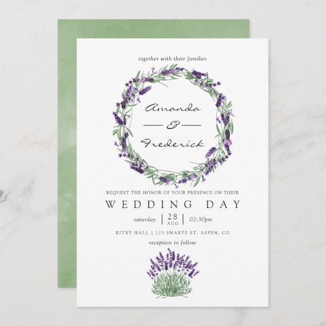 Invitación de boda con acuarela de lavanda (Anverso / Reverso)