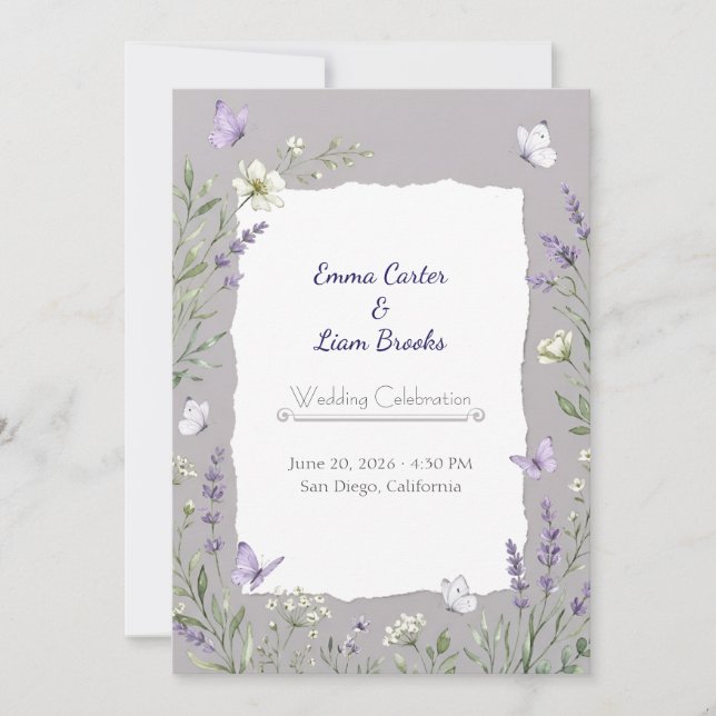 Invitación de Boda con Acuarela de Lavanda y Marip (Anverso)