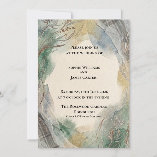 Invitación de boda con acuarela de oro salvia (Anverso)