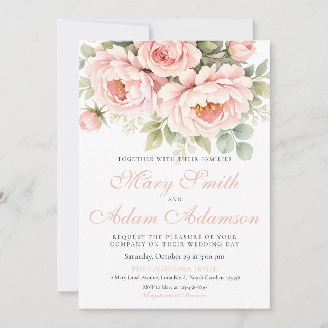 Invitación de boda con acuarela de peonía rosada (Anverso)