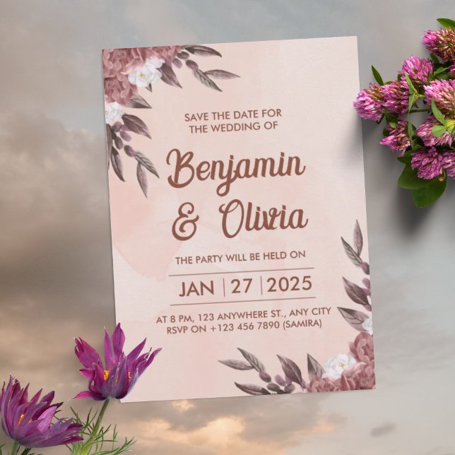 Invitación de boda con acuarela de peonías elegant (Subido por el creador)