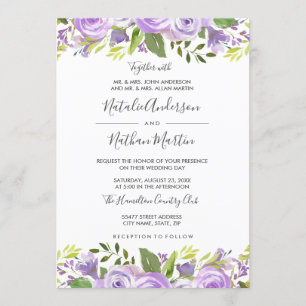Invitación de Boda con Acuarela de Rosa Floral Púr