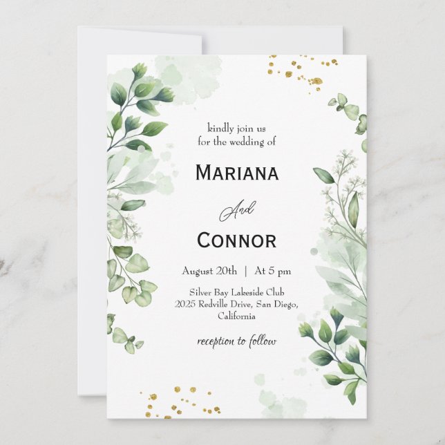 Invitación de boda con acuarela de vegetación botá (Anverso)