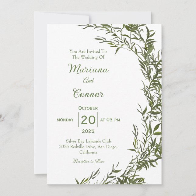 Invitación de boda con acuarela de vegetación botá (Anverso)