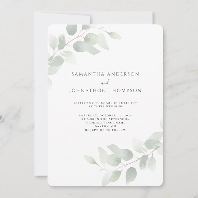 Invitación de boda con acuarela de vegetación de e (Anverso)