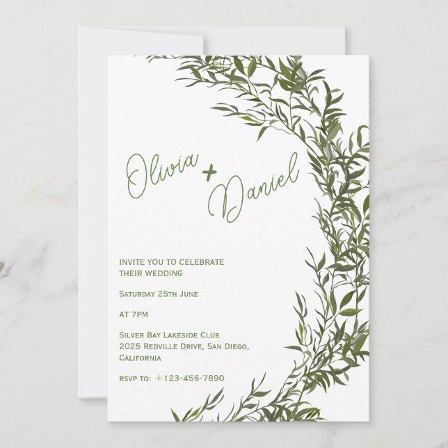 Invitación de boda con acuarela de vegetación deli (Anverso)