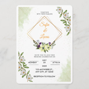 Invitación de boda con acuarela floral blanca y ve