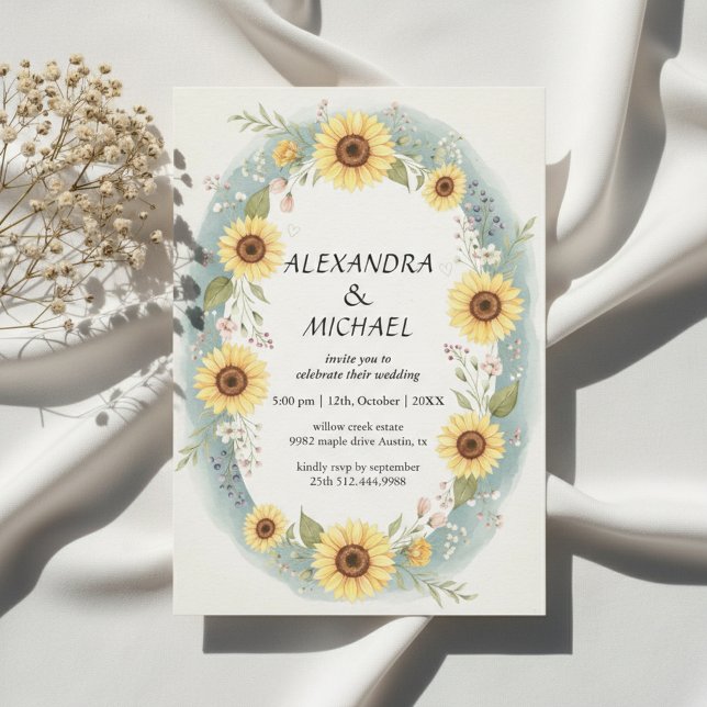 Invitación de boda con acuarela floral de girasol (Sunflower Floral Watercolor Wedding Invite)