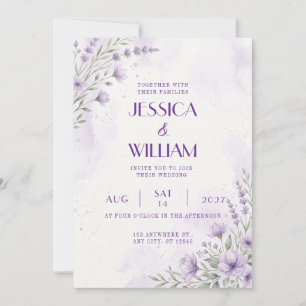 Invitación de boda con acuarela floral de lavanda