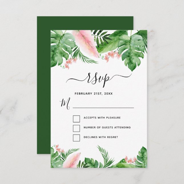 Invitación de boda con acuarela floral de palmera  (Anverso / Reverso)