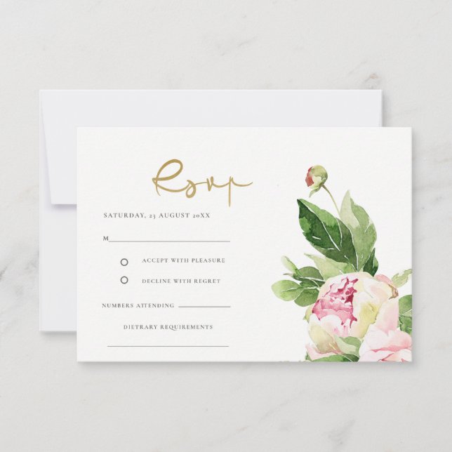 Invitación de boda con acuarela floral de peonía r (Anverso)