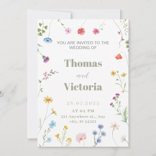 Invitación de boda con acuarela floral delicada (Anverso)