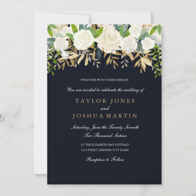 Invitación de boda con acuarela floral dorada de l (Anverso)