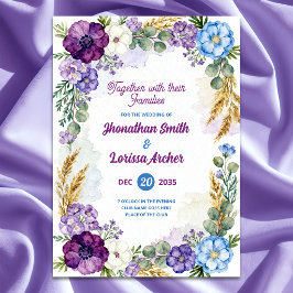 Invitación de Boda con Acuarela Floral Morado y Az
