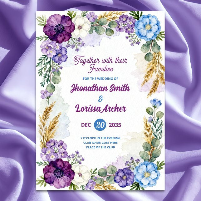 Invitación de Boda con Acuarela Floral Morado y Az (Subido por el creador)