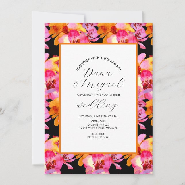 Invitación de boda con acuarela floral naranja bri (Anverso)