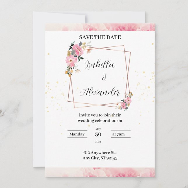 Invitación de Boda con Acuarela Floral Rosa (Anverso)