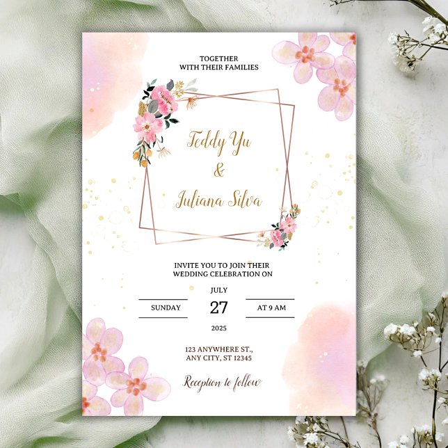 Invitación de boda con acuarela floral rosa (Subido por el creador)