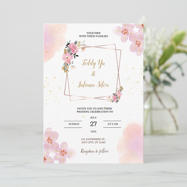 Invitación de boda con acuarela floral rosa (Subido por el creador)