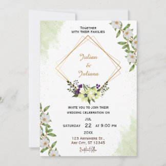 Invitación de boda con acuarela floral verde y bla