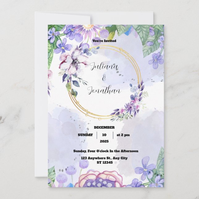 Invitación de Boda con Acuarela Floral Verde y Mor (Anverso)