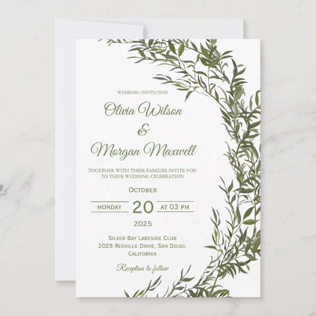 Invitación de boda con acuarela moderna y vegetaci (Anverso)