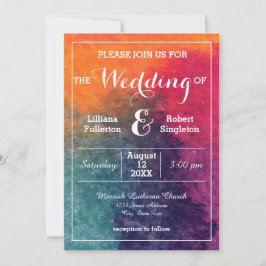 Invitación de boda con acuarela naranja azul rosa