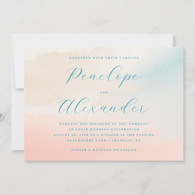 Invitación de boda con acuarela pastel soñadora (Anverso)