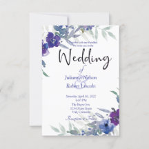 Invitación de boda con acuarela púrpura y azul