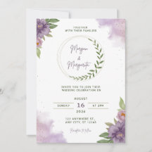 Invitación de boda con acuarela púrpura y verde