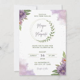 Invitación de boda con acuarela púrpura y verde