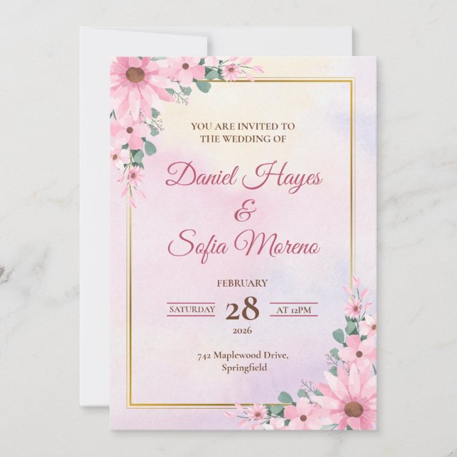 Invitación de boda con acuarela rosa personalizada (Anverso)