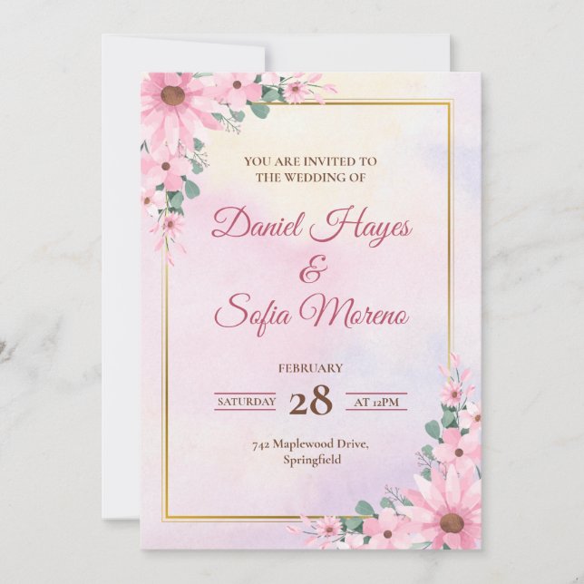 Invitación de boda con acuarela rosa personalizada (Anverso)
