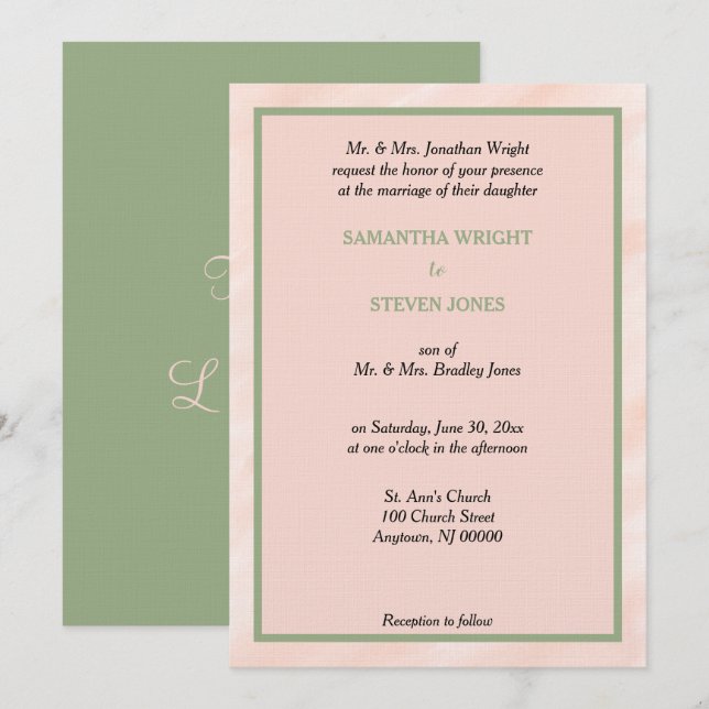 Invitación de boda con acuarela rosa suave y verde (Anverso / Reverso)