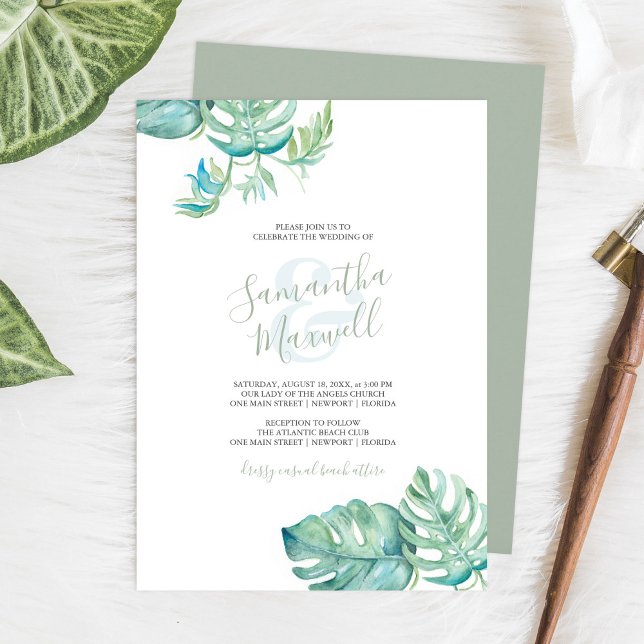 Invitación de boda con acuarela tropical verde (Tropical destination wedding invitation designed with watercolor monstera palm leaves)